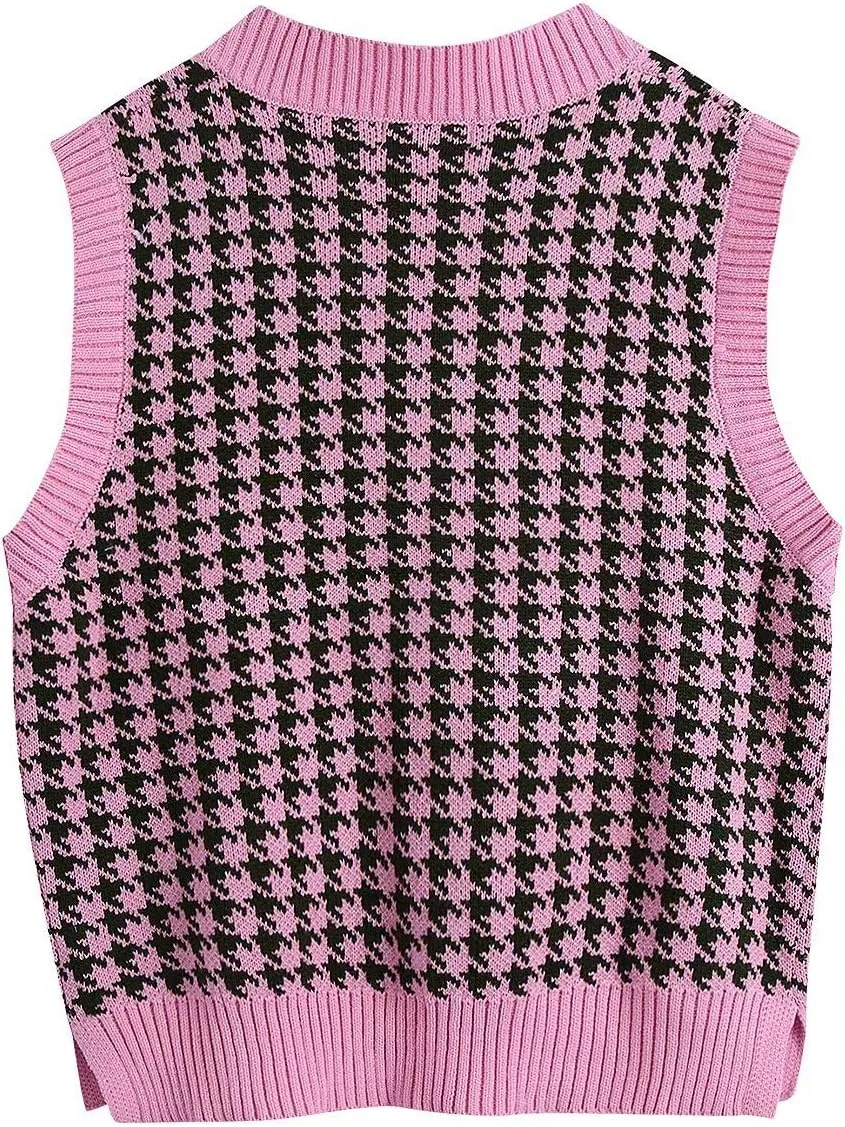 Sdencin Women Houndstooth Pattern Knit Sweater Vest Sleeveless Loose V-Neck 90s Waistcoat Pullover Knitwear Top