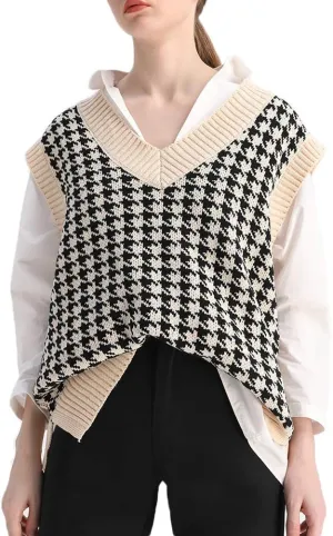Sdencin Women Houndstooth Pattern Knit Sweater Vest Sleeveless Loose V-Neck 90s Waistcoat Pullover Knitwear Top