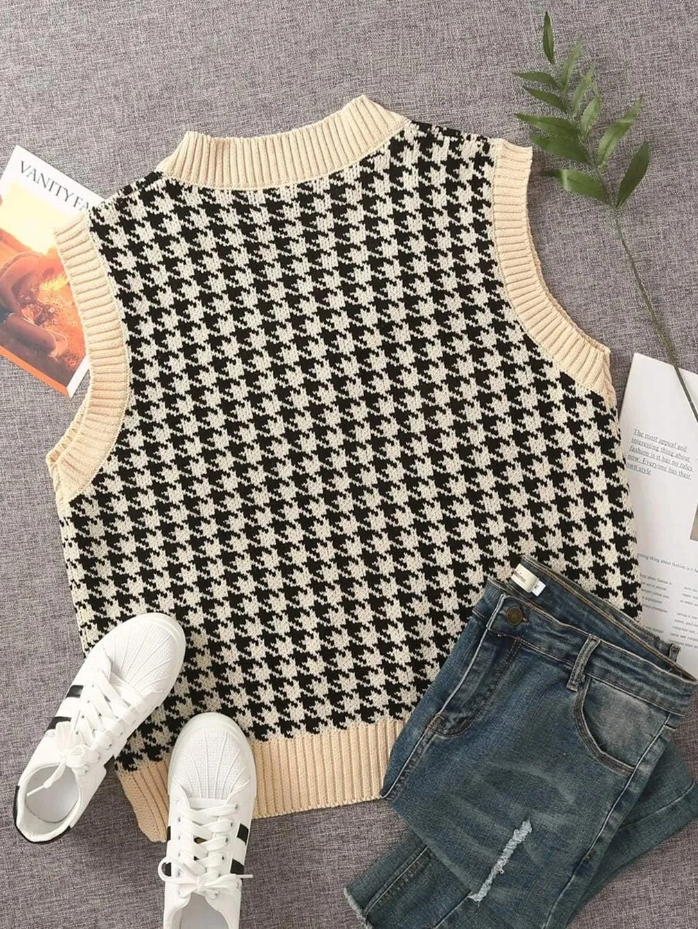 Sdencin Women Houndstooth Pattern Knit Sweater Vest Sleeveless Loose V-Neck 90s Waistcoat Pullover Knitwear Top