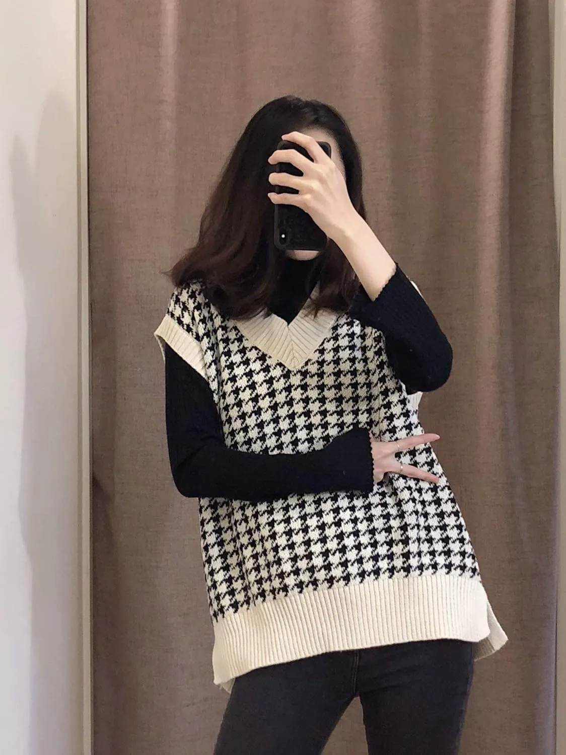 Sdencin Women Houndstooth Pattern Knit Sweater Vest Sleeveless Loose V-Neck 90s Waistcoat Pullover Knitwear Top