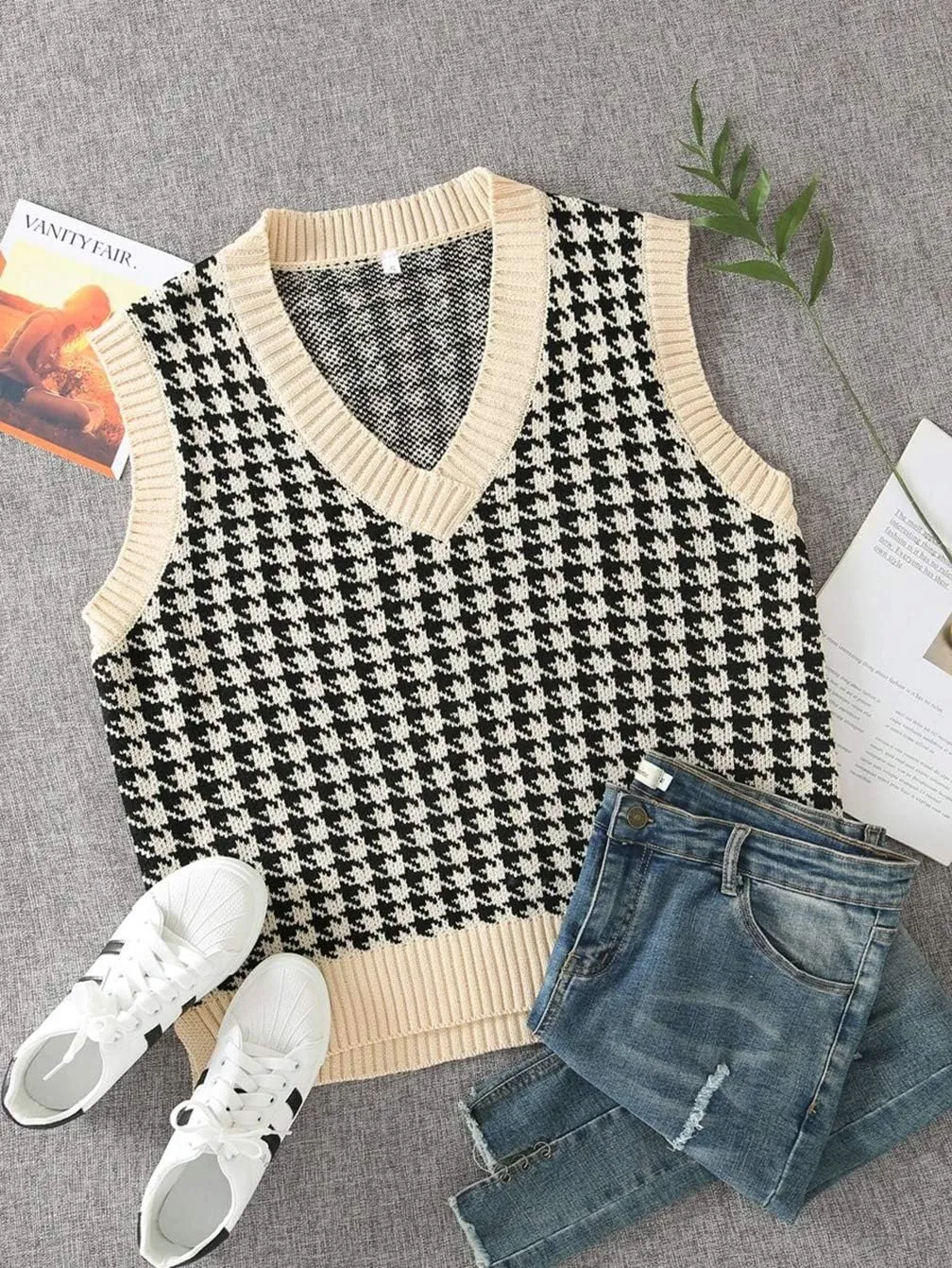 Sdencin Women Houndstooth Pattern Knit Sweater Vest Sleeveless Loose V-Neck 90s Waistcoat Pullover Knitwear Top