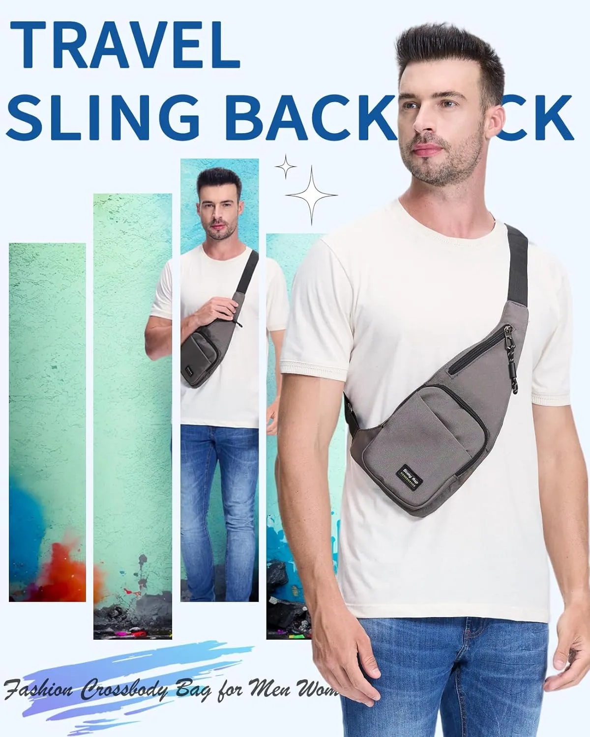 Seoky Rop Sling Bag for Men Women Slim Personal Purse Pocket Small Anti-Thief Crossbody Chest Bag for Travel Hiking Grey