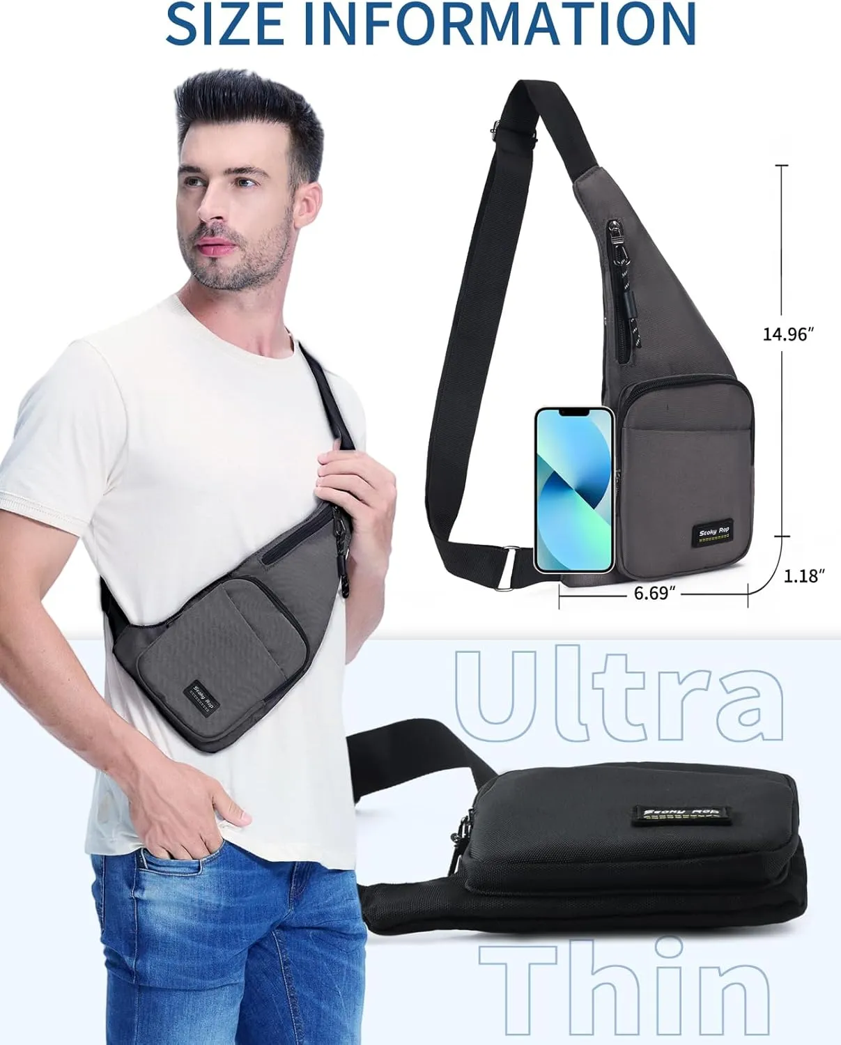 Seoky Rop Sling Bag for Men Women Slim Personal Purse Pocket Small Anti-Thief Crossbody Chest Bag for Travel Hiking Grey