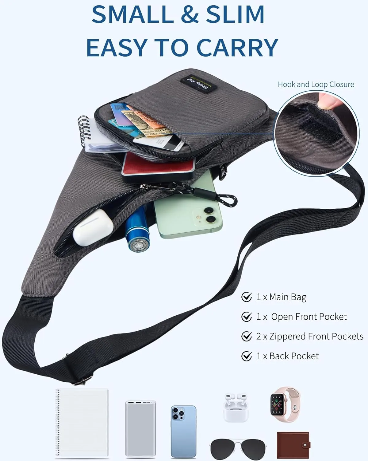 Seoky Rop Sling Bag for Men Women Slim Personal Purse Pocket Small Anti-Thief Crossbody Chest Bag for Travel Hiking Grey
