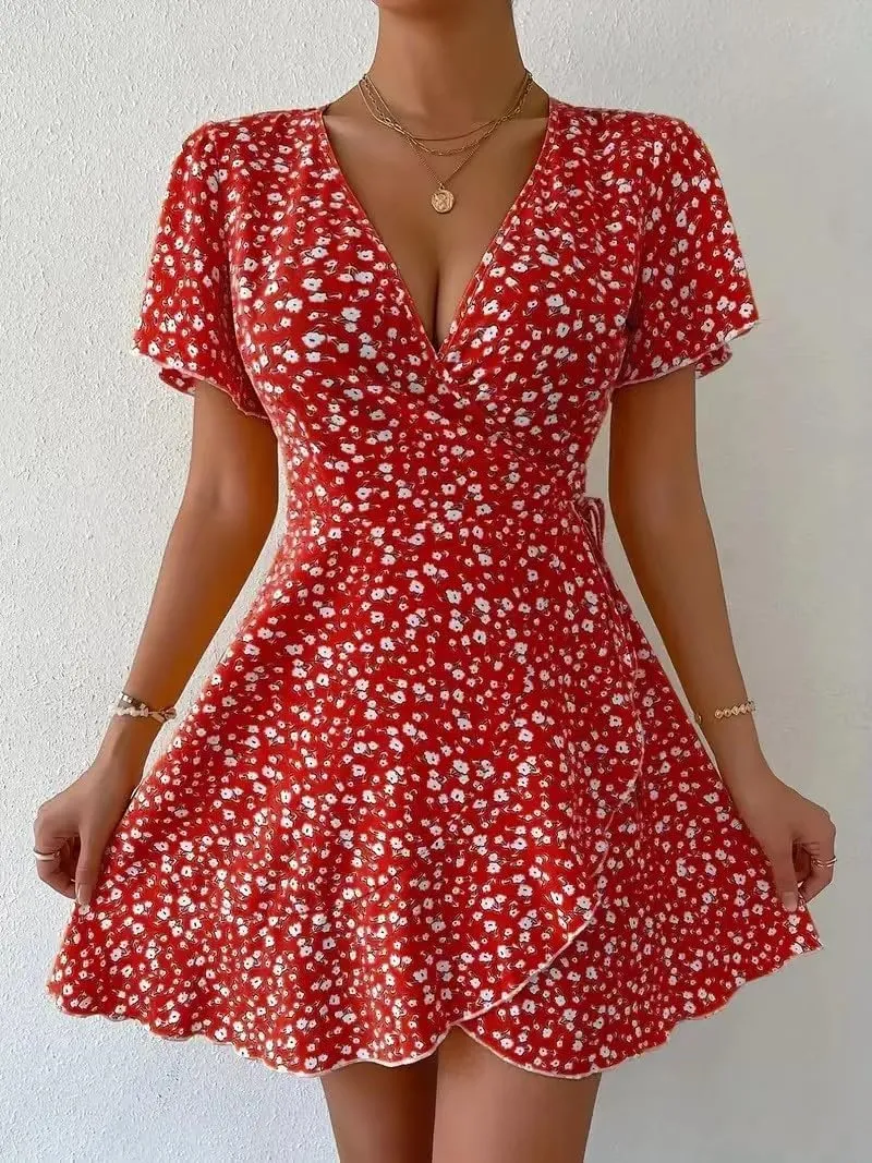 Sexy Dresses for Women V Neck Short Sleeve Casual Short Summer Dresses Boho Ruffle Tie Waist Flowy Floral Mini Dress