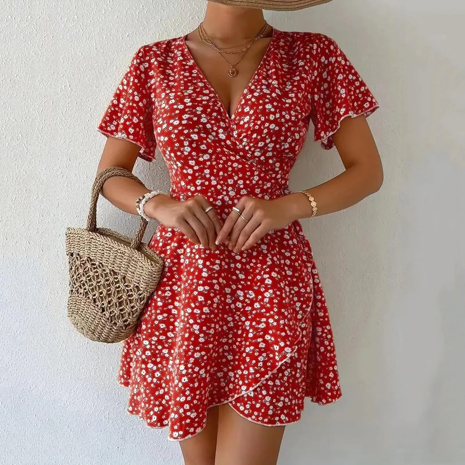 Sexy Dresses for Women V Neck Short Sleeve Casual Short Summer Dresses Boho Ruffle Tie Waist Flowy Floral Mini Dress