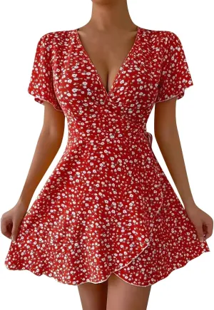Sexy Dresses for Women V Neck Short Sleeve Casual Short Summer Dresses Boho Ruffle Tie Waist Flowy Floral Mini Dress