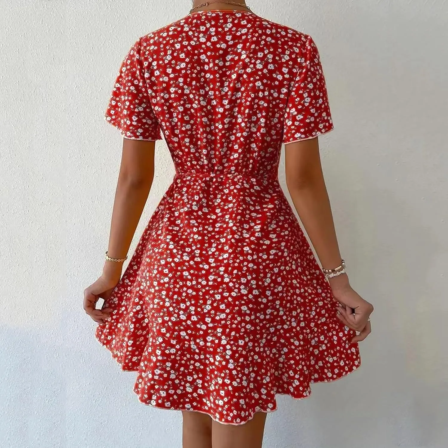 Sexy Dresses for Women V Neck Short Sleeve Casual Short Summer Dresses Boho Ruffle Tie Waist Flowy Floral Mini Dress