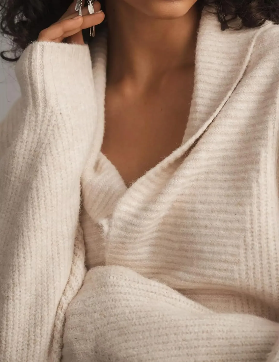 Shawl Collar Cardigan for Women Cropped Open Front Sweater Loose Casual Knitwear Chunky Knit Jacket with Pockets