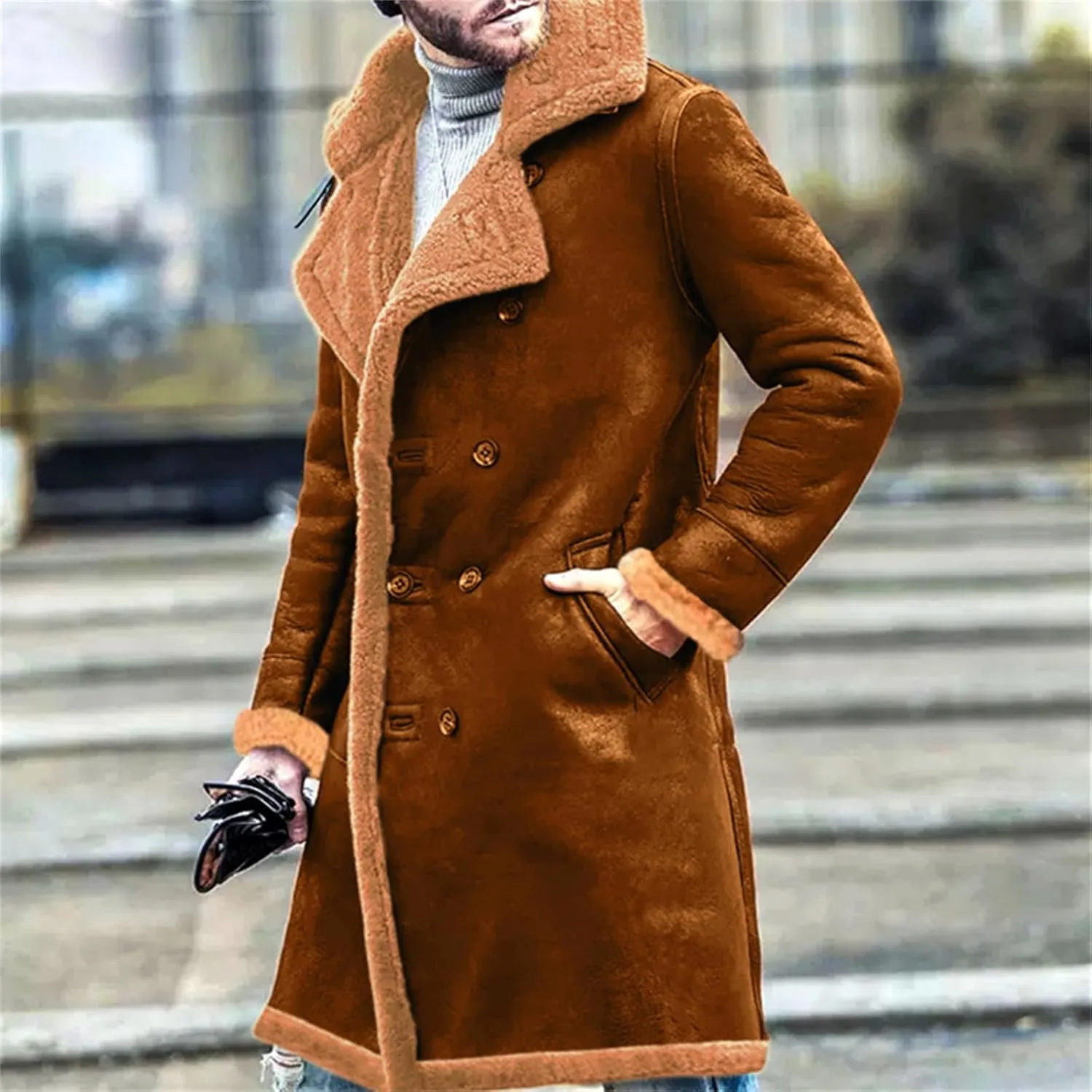 Shearling Leather Coat Men Faux Suede Sherpa Lined Sheepskin Jacket Aviator Bomber Warm Winter Jacket Long Trench Coats