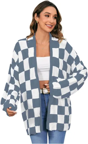 SHENHE Women's Oversized Plaid Outwear Open Front Knit Sweater Long Sleeve Casual Cardigan