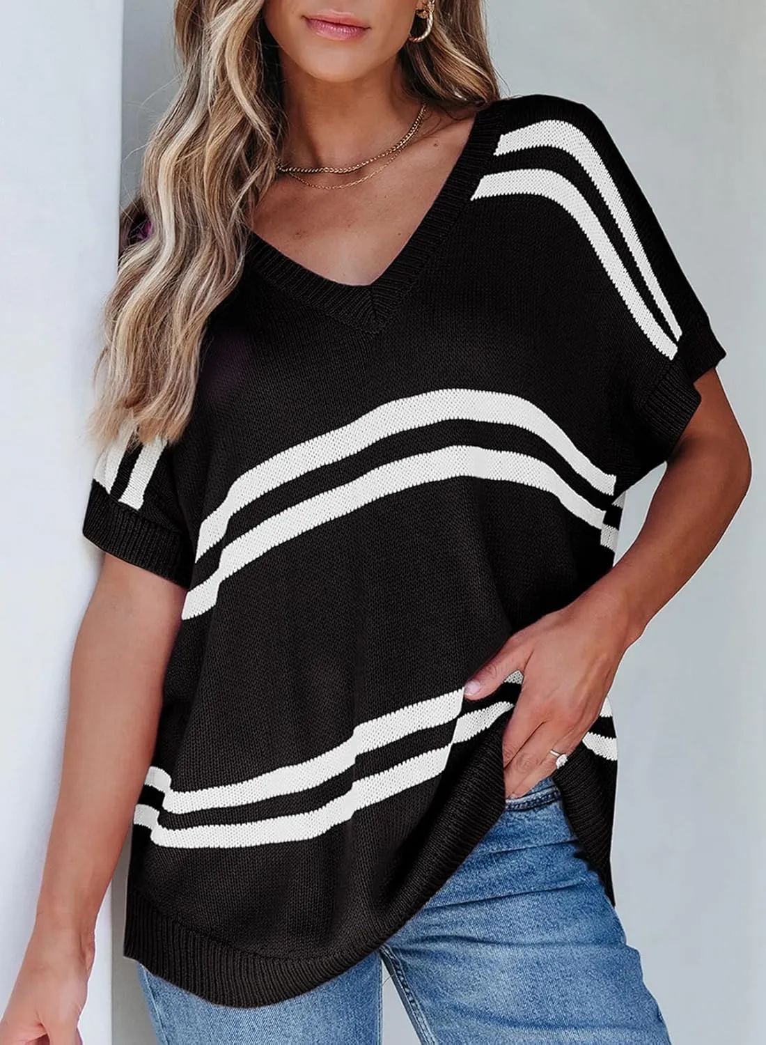 SHEWIN Oversized Sweaters for Women Causal V Neck T Shirts Loose Short Sleeve Sweater Spring Tops