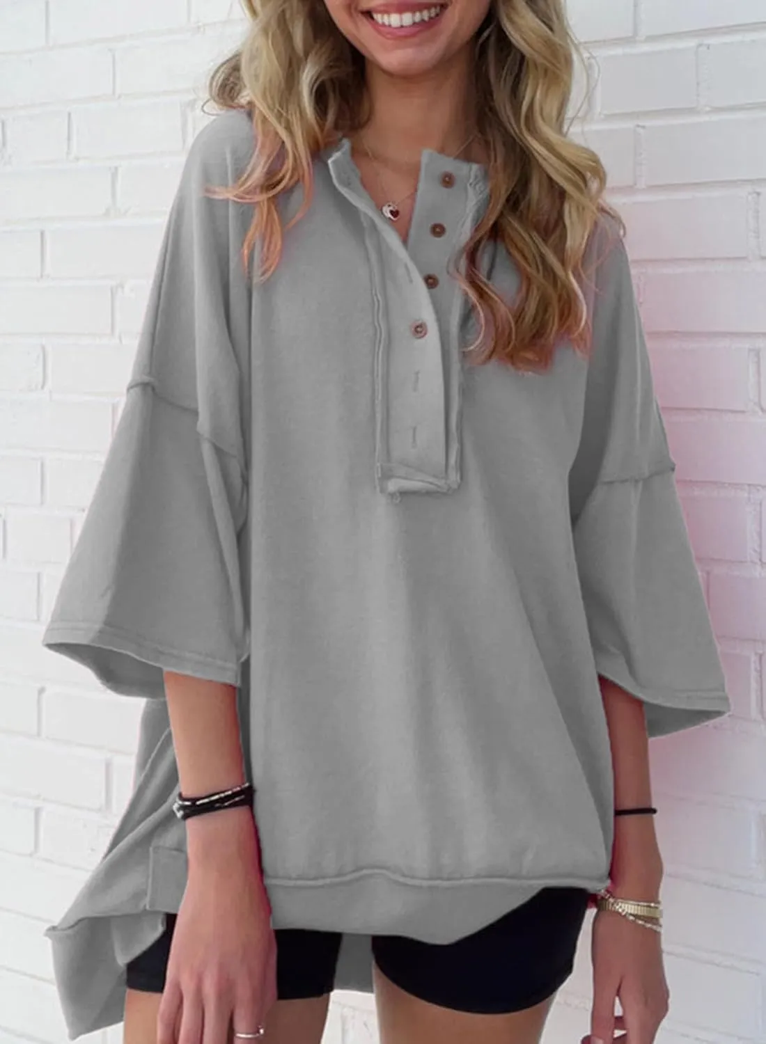 SHEWIN Women's Fashion Oversized T Shirts Casual Short Sleeve Reverse Seam Summer Tops Tees