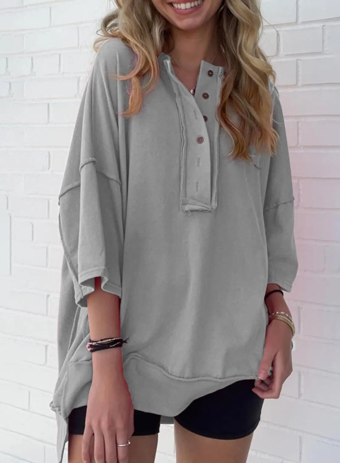 SHEWIN Women's Fashion Oversized T Shirts Casual Short Sleeve Reverse Seam Summer Tops Tees