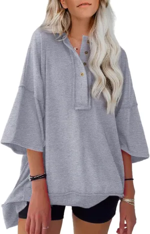 SHEWIN Women's Fashion Oversized T Shirts Casual Short Sleeve Reverse Seam Summer Tops Tees
