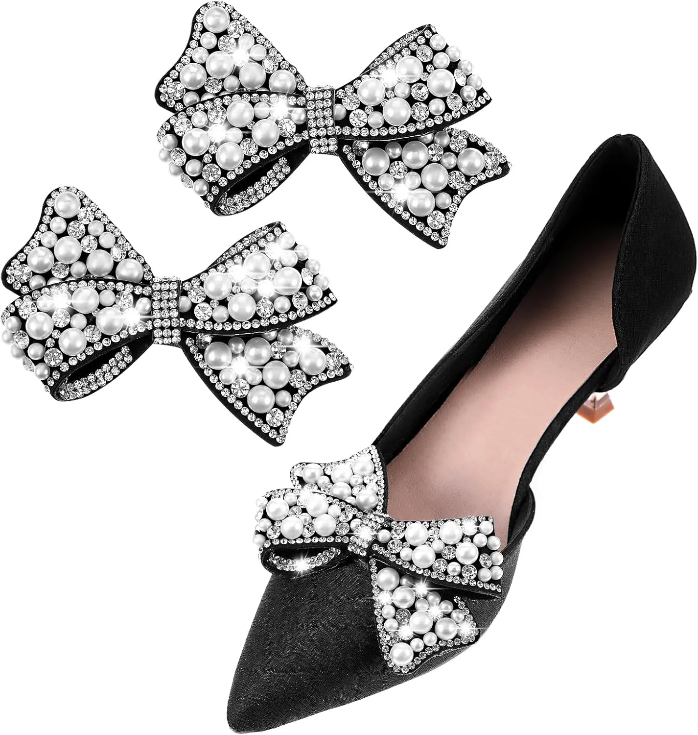 Shoe Jewelry Clips for Women 2 Pcs Bow Shoe Clips for Women Dress Shoes Pearl Rhinestone Bridal Wedding Shoe Decorations Detachable Shoe Charms for Girls Dress Pumps Flats High Heels