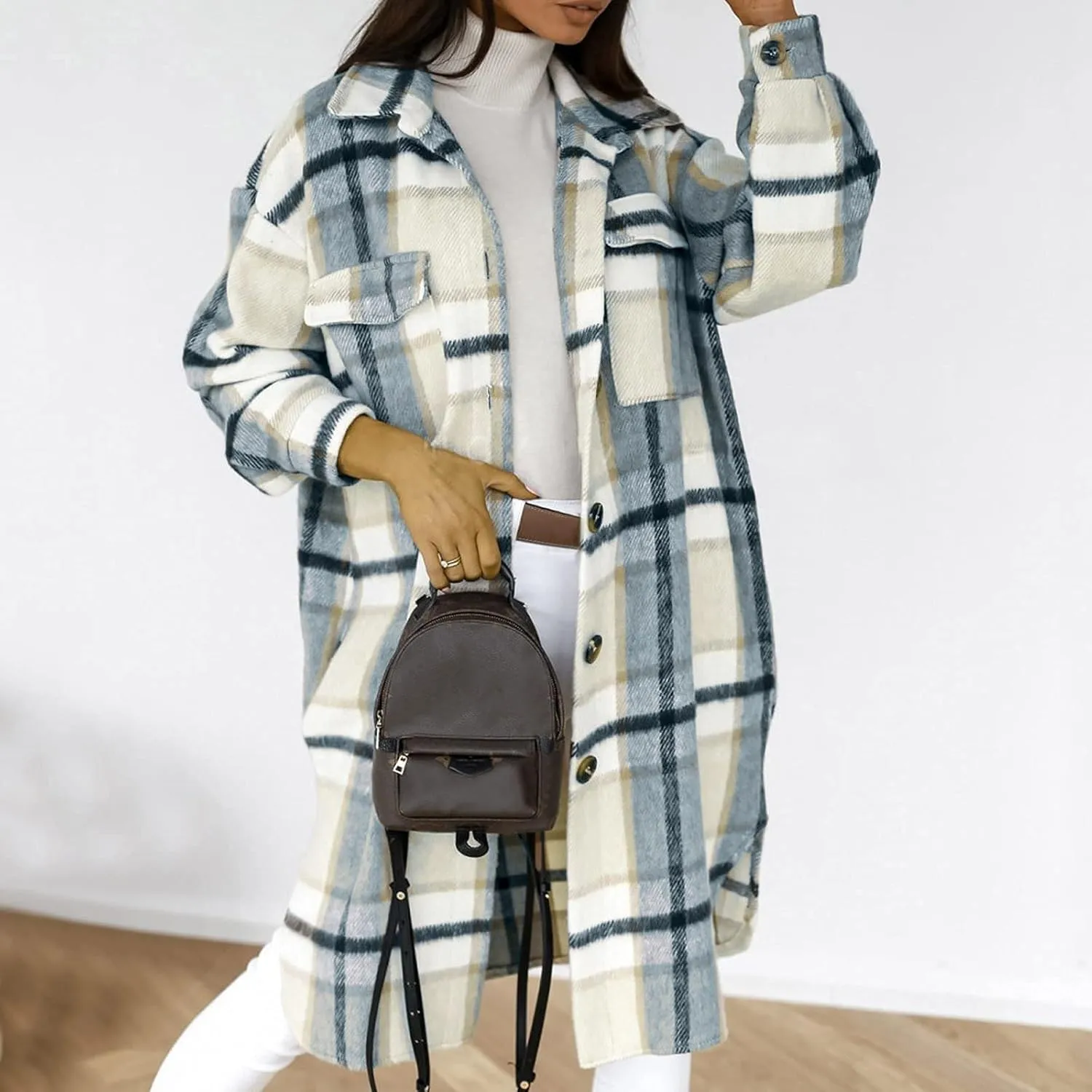 SHOPESSA Mid Length Winter Trench Coats for Women Casual Wool Blend Coat Button Down Plaid Shirts Long Shacket Jackets