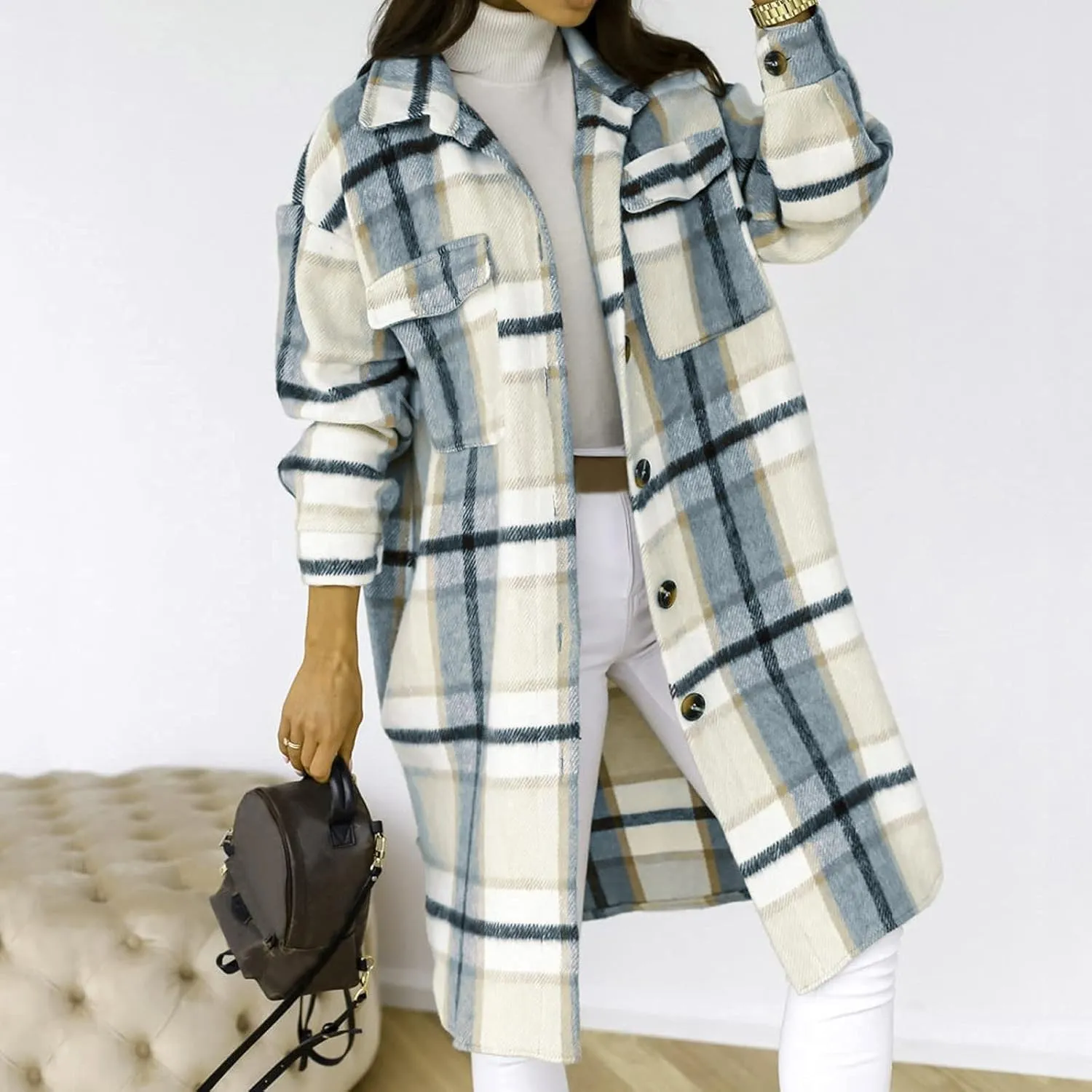 SHOPESSA Mid Length Winter Trench Coats for Women Casual Wool Blend Coat Button Down Plaid Shirts Long Shacket Jackets