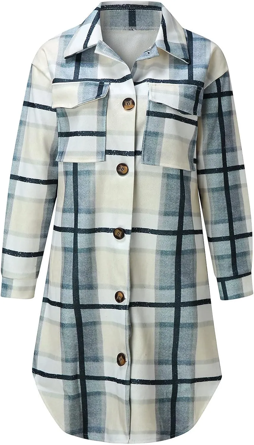 SHOPESSA Mid Length Winter Trench Coats for Women Casual Wool Blend Coat Button Down Plaid Shirts Long Shacket Jackets