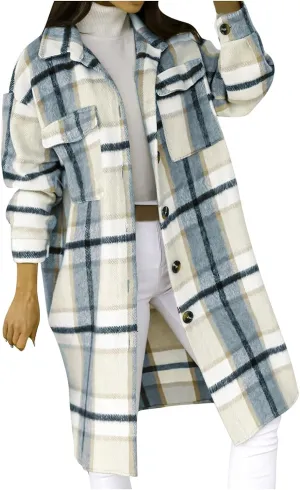 SHOPESSA Mid Length Winter Trench Coats for Women Casual Wool Blend Coat Button Down Plaid Shirts Long Shacket Jackets