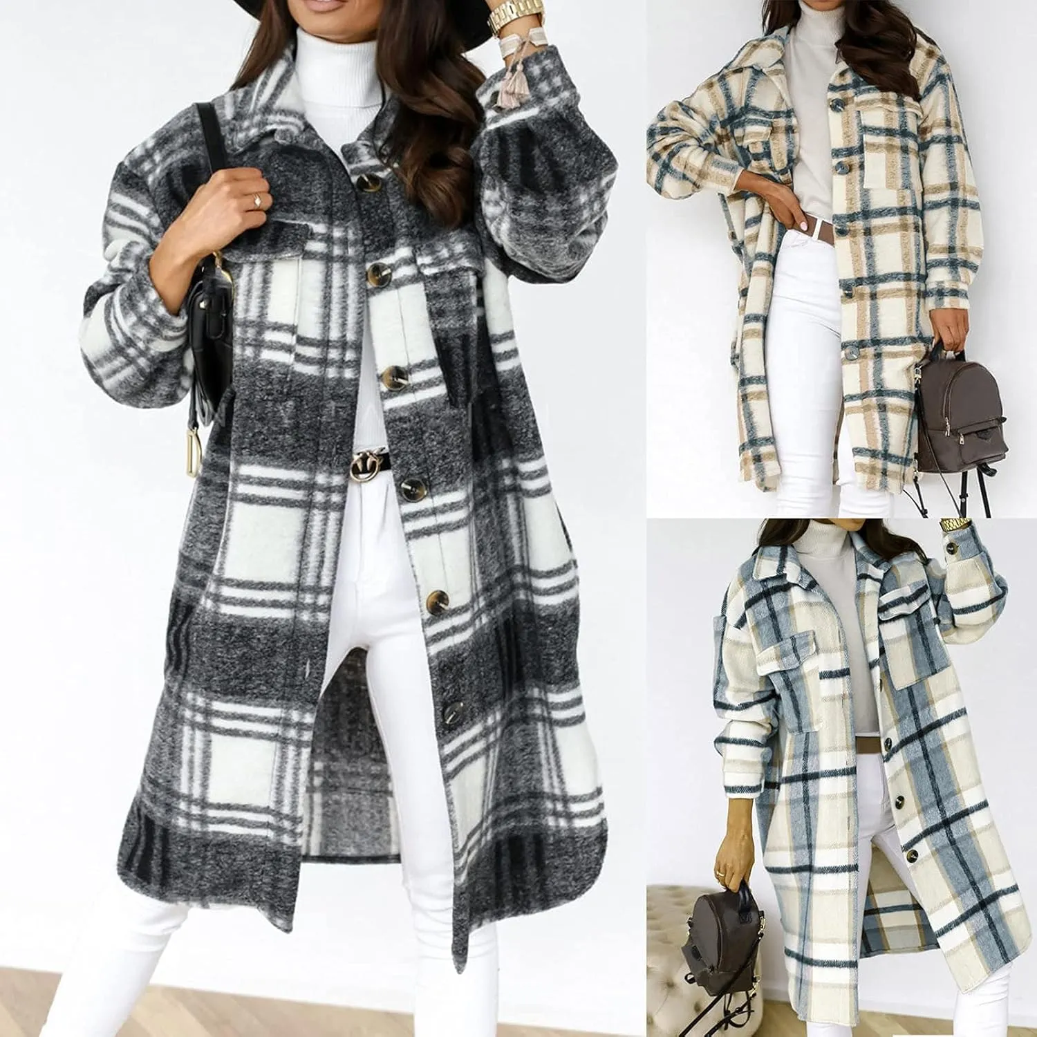 SHOPESSA Mid Length Winter Trench Coats for Women Casual Wool Blend Coat Button Down Plaid Shirts Long Shacket Jackets