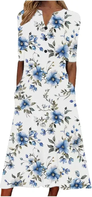Short Sleeve Dress for Women 2025 Casual Floral Summer Maxi Dresses Button V Neck Flowy Beach Vacation Sundress