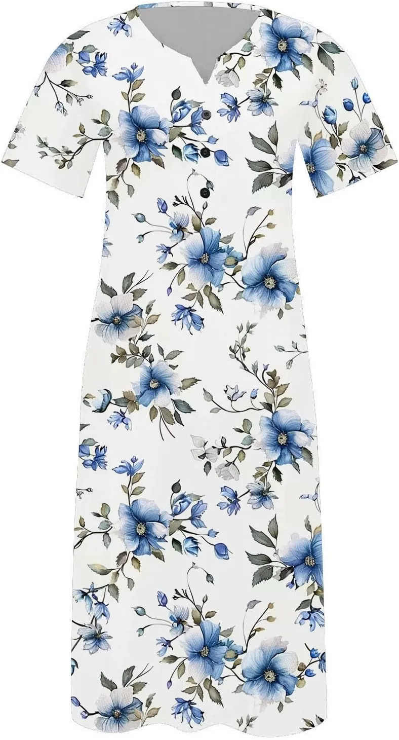 Short Sleeve Dress for Women 2025 Casual Floral Summer Maxi Dresses Button V Neck Flowy Beach Vacation Sundress