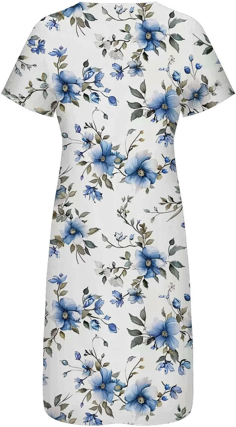 Short Sleeve Dress for Women 2025 Casual Floral Summer Maxi Dresses Button V Neck Flowy Beach Vacation Sundress