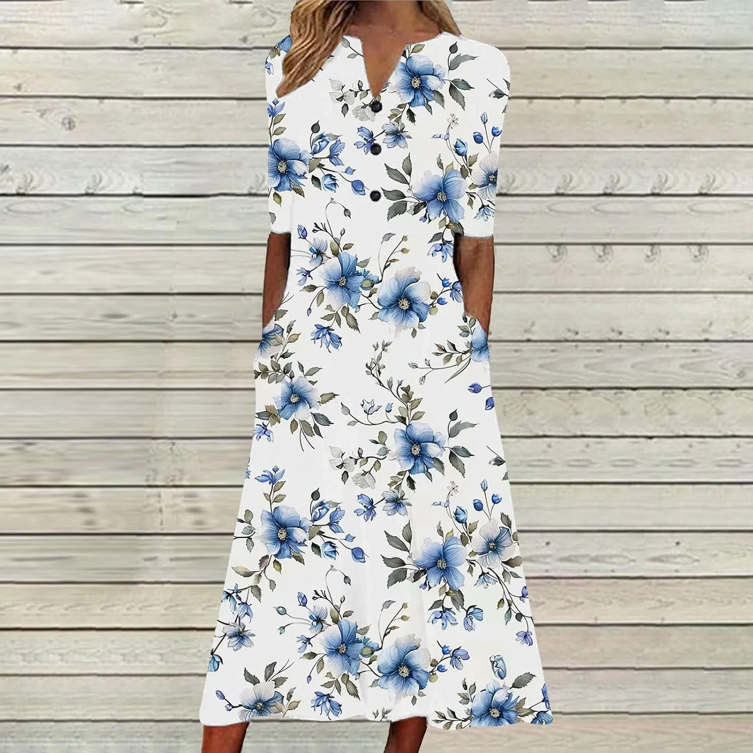 Short Sleeve Dress for Women 2025 Casual Floral Summer Maxi Dresses Button V Neck Flowy Beach Vacation Sundress