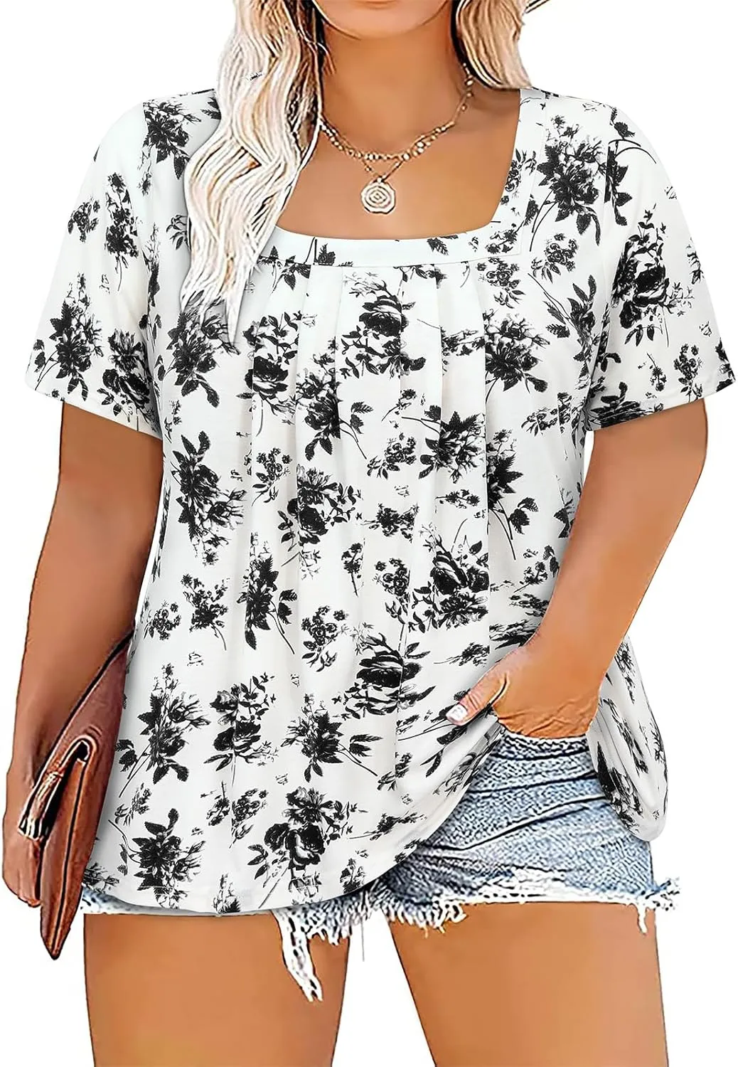 Siddhe Plus Size Tops for Women Short Sleeve Square Neck Summer Loose Fit Tunic Top for Leggings