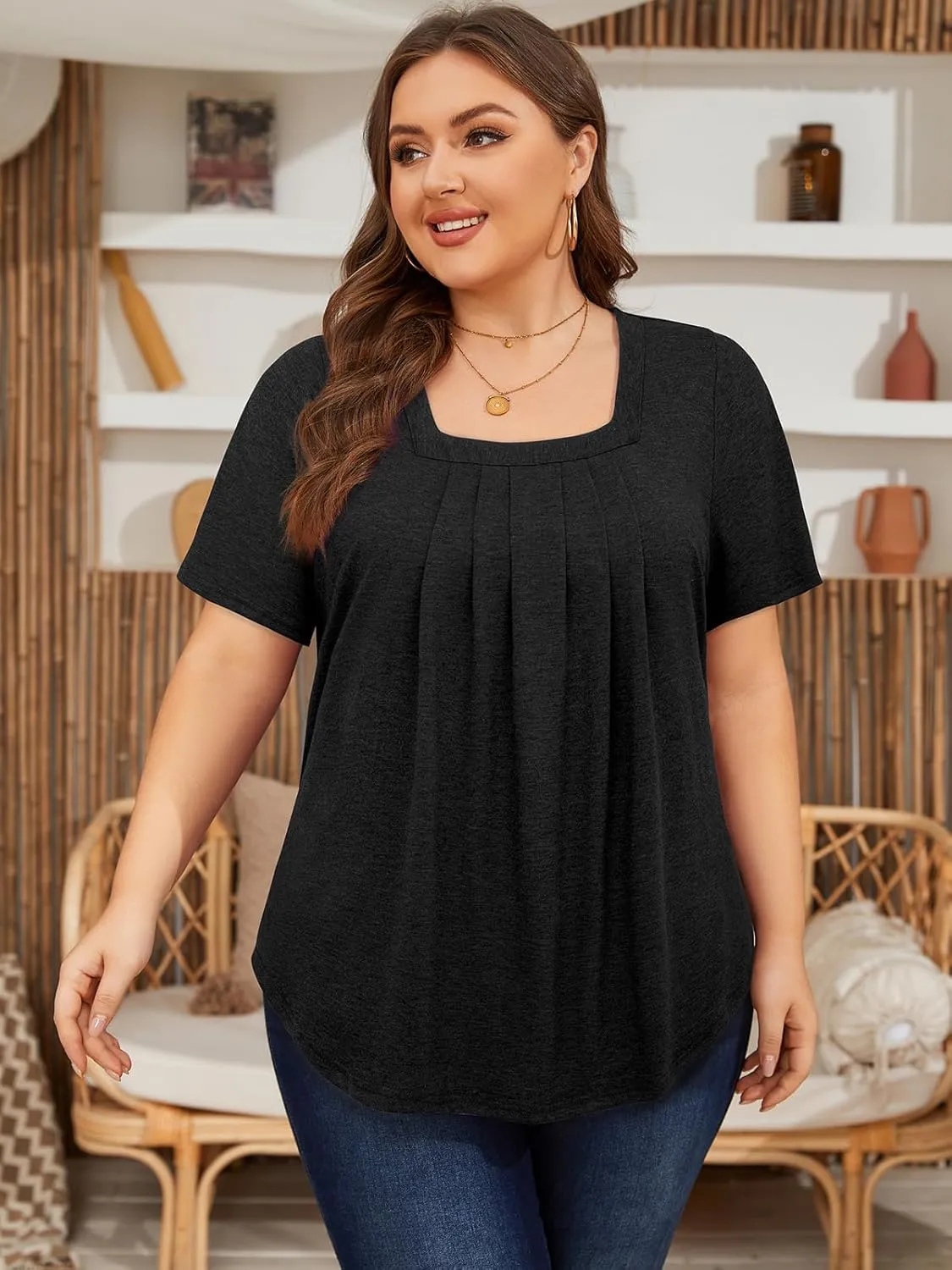 Siddhe Plus Size Tops for Women Short Sleeve Square Neck Summer Loose Fit Tunic Top for Leggings