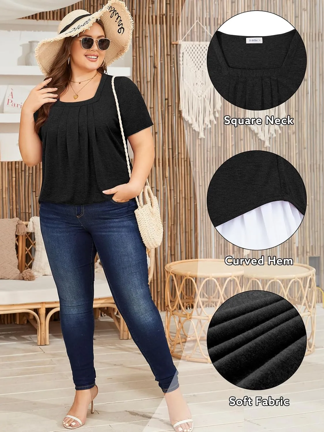 Siddhe Plus Size Tops for Women Short Sleeve Square Neck Summer Loose Fit Tunic Top for Leggings