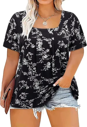 Siddhe Plus Size Tops for Women Short Sleeve Square Neck Summer Loose Fit Tunic Top for Leggings