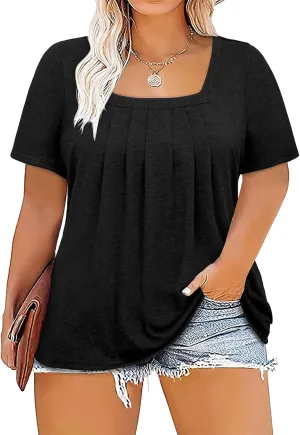 Siddhe Plus Size Tops for Women Short Sleeve Square Neck Summer Loose Fit Tunic Top for Leggings