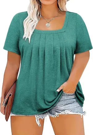 Siddhe Plus Size Tops for Women Short Sleeve Square Neck Summer Loose Fit Tunic Top for Leggings