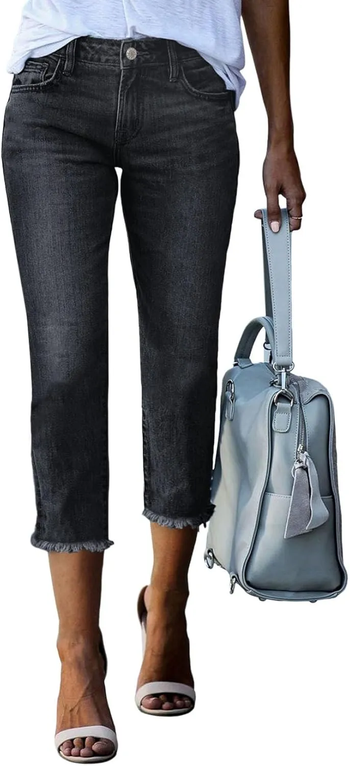 Sidefeel Women's Capri Jeans High Waisted 2025 Spring Fashion Straight Leg Raw Hem Denim Capri Pants