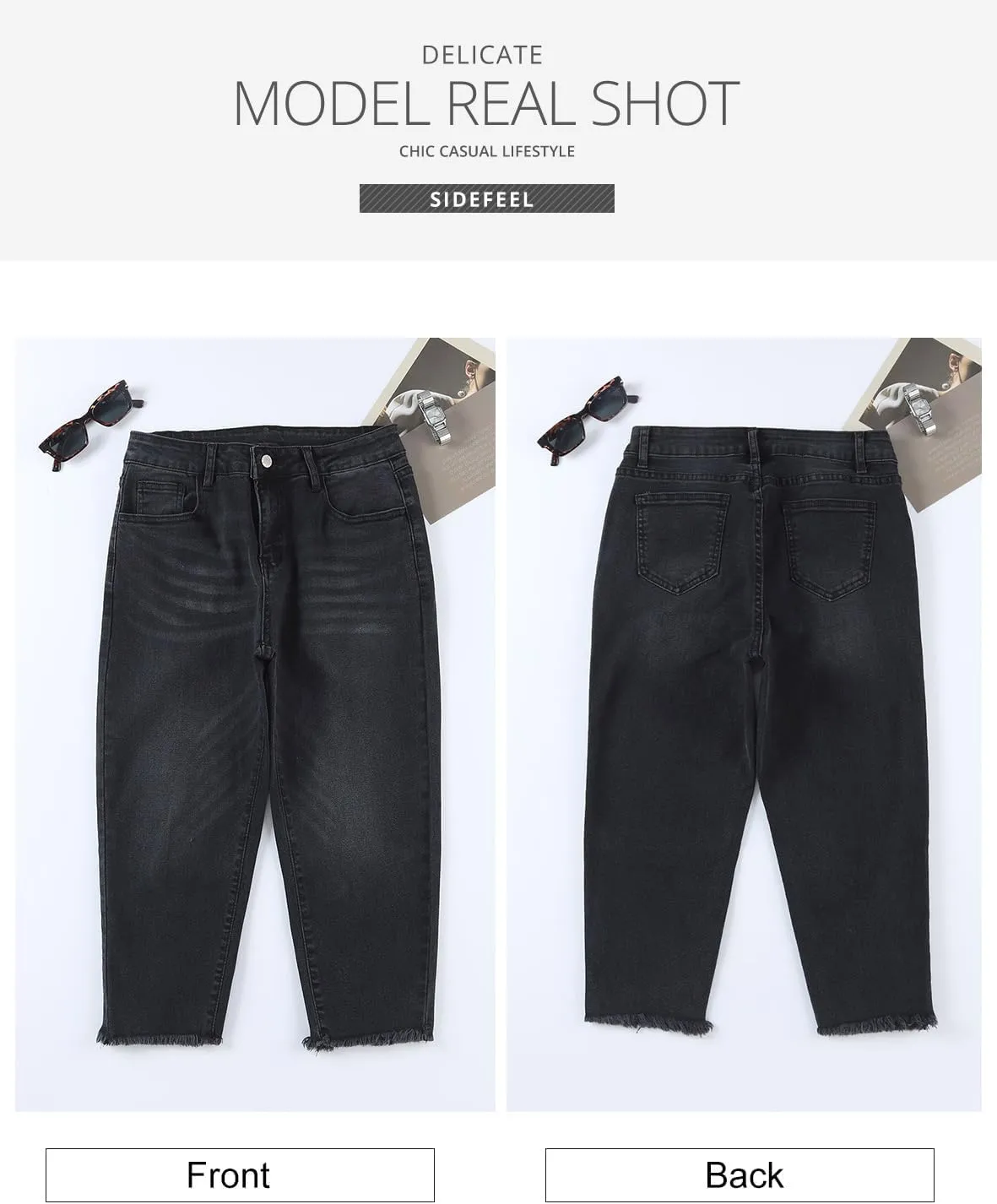 Sidefeel Women's Capri Jeans High Waisted 2025 Spring Fashion Straight Leg Raw Hem Denim Capri Pants