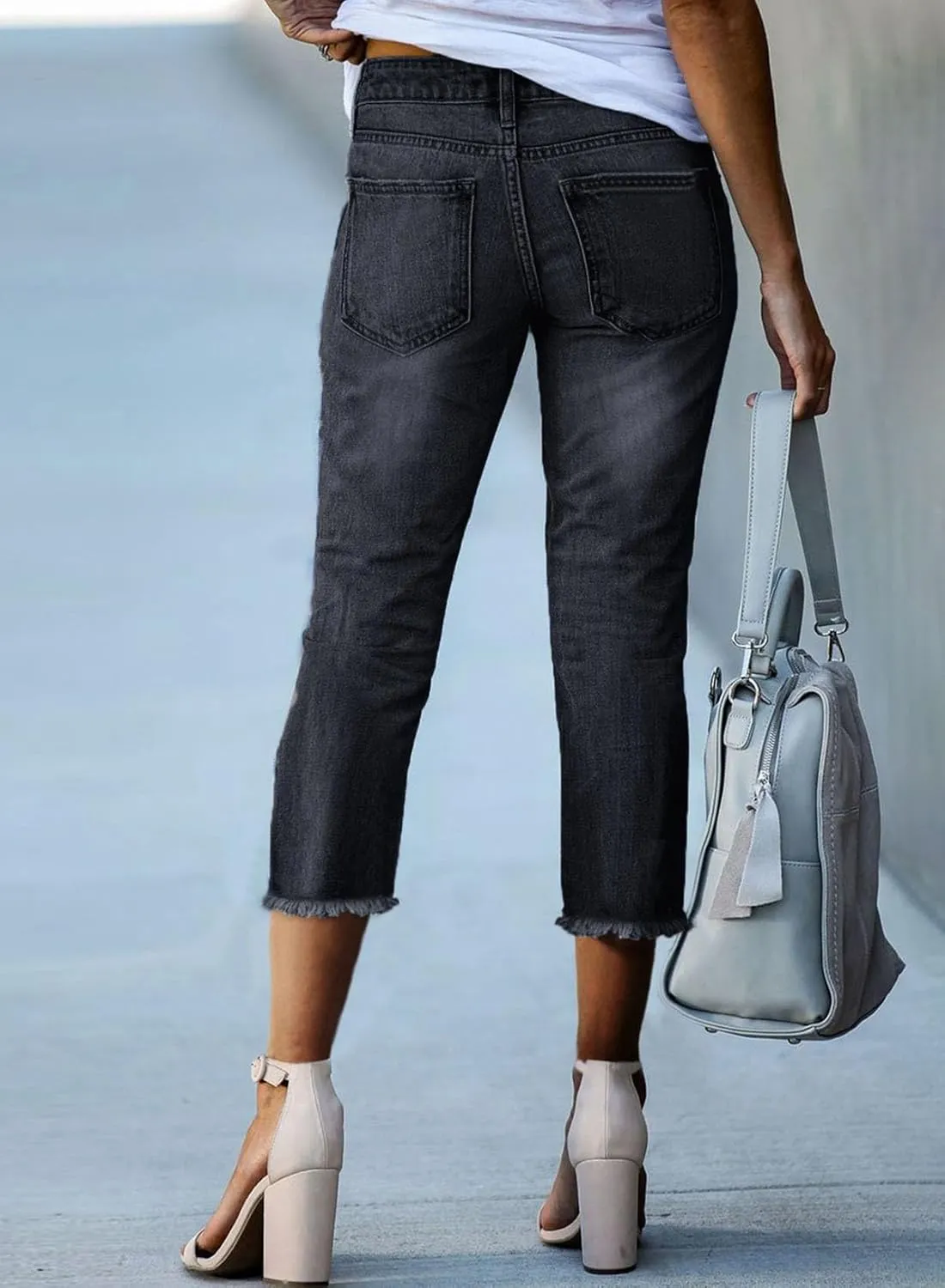 Sidefeel Women's Capri Jeans High Waisted 2025 Spring Fashion Straight Leg Raw Hem Denim Capri Pants