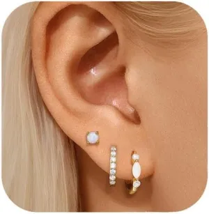 Silver Opal Earrings Set For Women,Sterling Silver Opal Earrings,14k Blue Opals Jewelry Stud Dainty Cartilage Earring,Earring Stack Cartilage Stackable,Birthday Mother's Day Gift For Mom Wife
