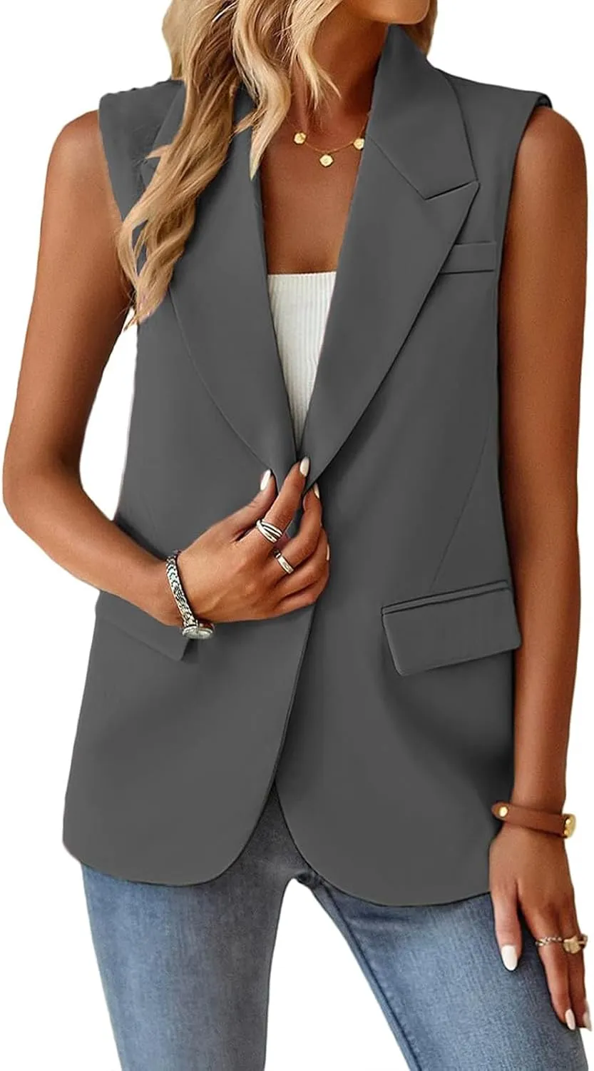 Sleeveless Blazer Vest for Women Single Button Summer Jacket Business Work Office Blazers Open Front Jacket Waistcoat