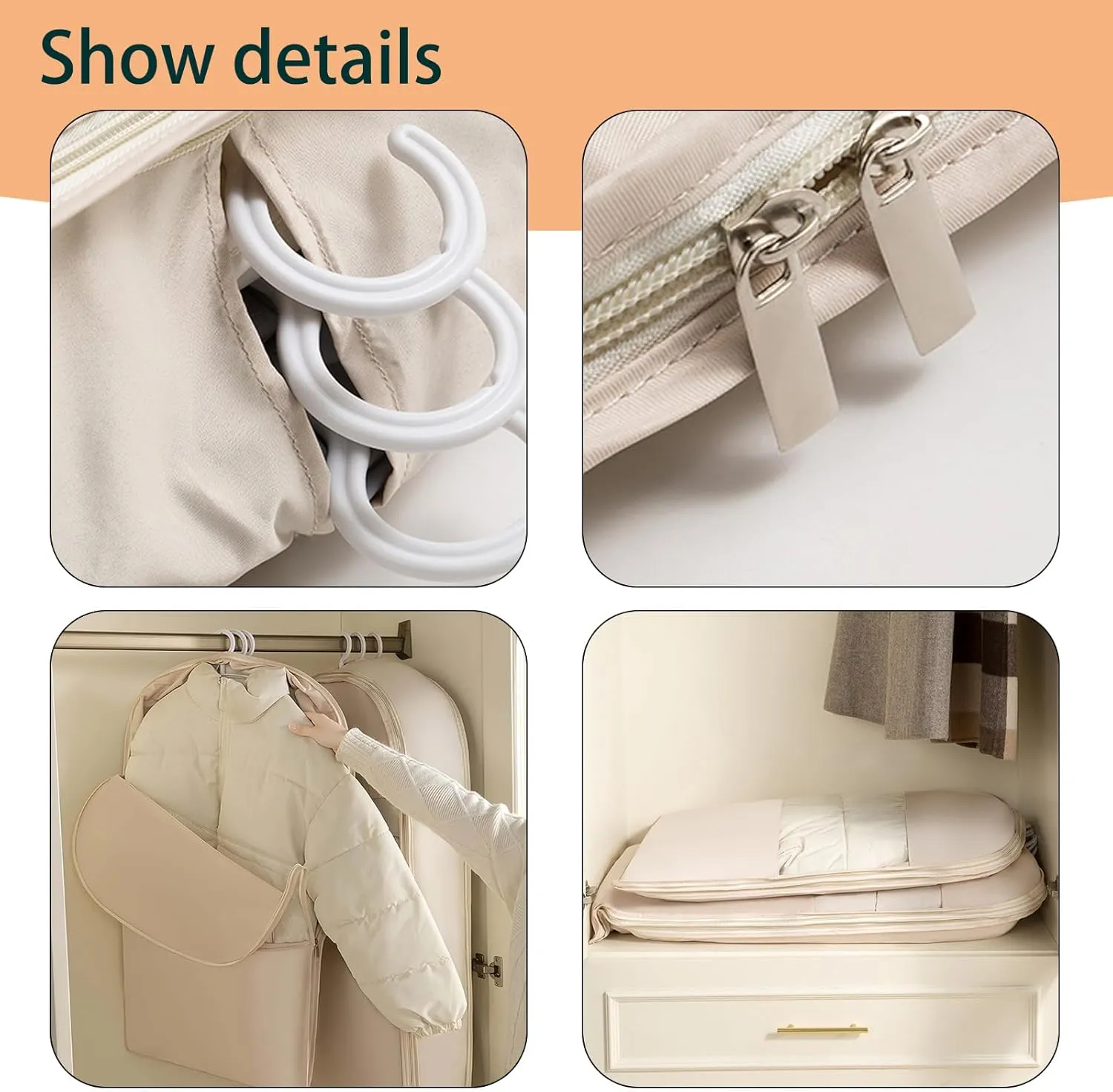 Space-Saving Hanging Compression Garment Bag with Metal Storage Chain for Closet Organization  Transparent Window & Side Access, Fits 35 Down Jackets (Beige,Small)