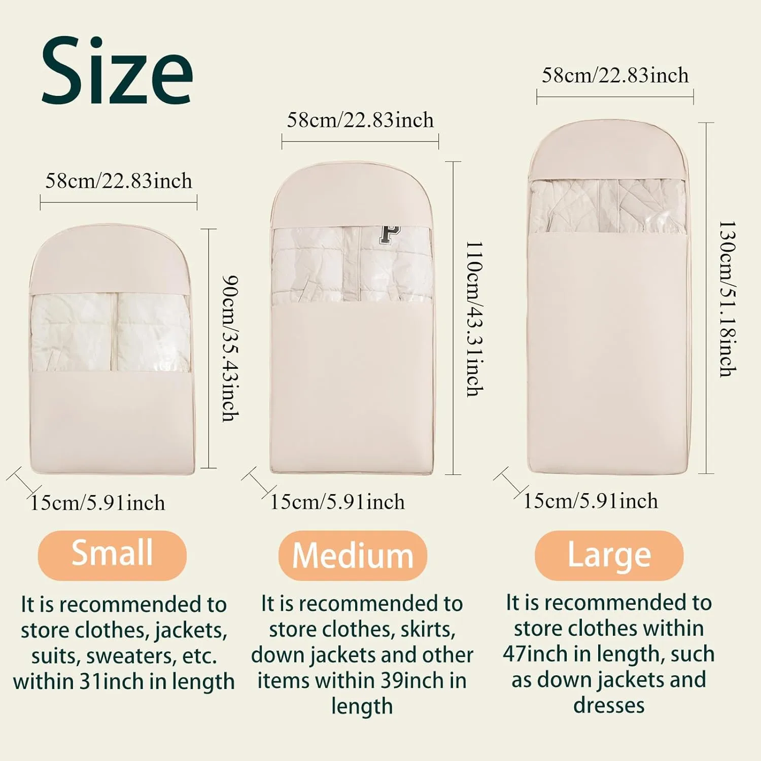 Space-Saving Hanging Compression Garment Bag with Metal Storage Chain for Closet Organization  Transparent Window & Side Access, Fits 35 Down Jackets (Beige,Small)