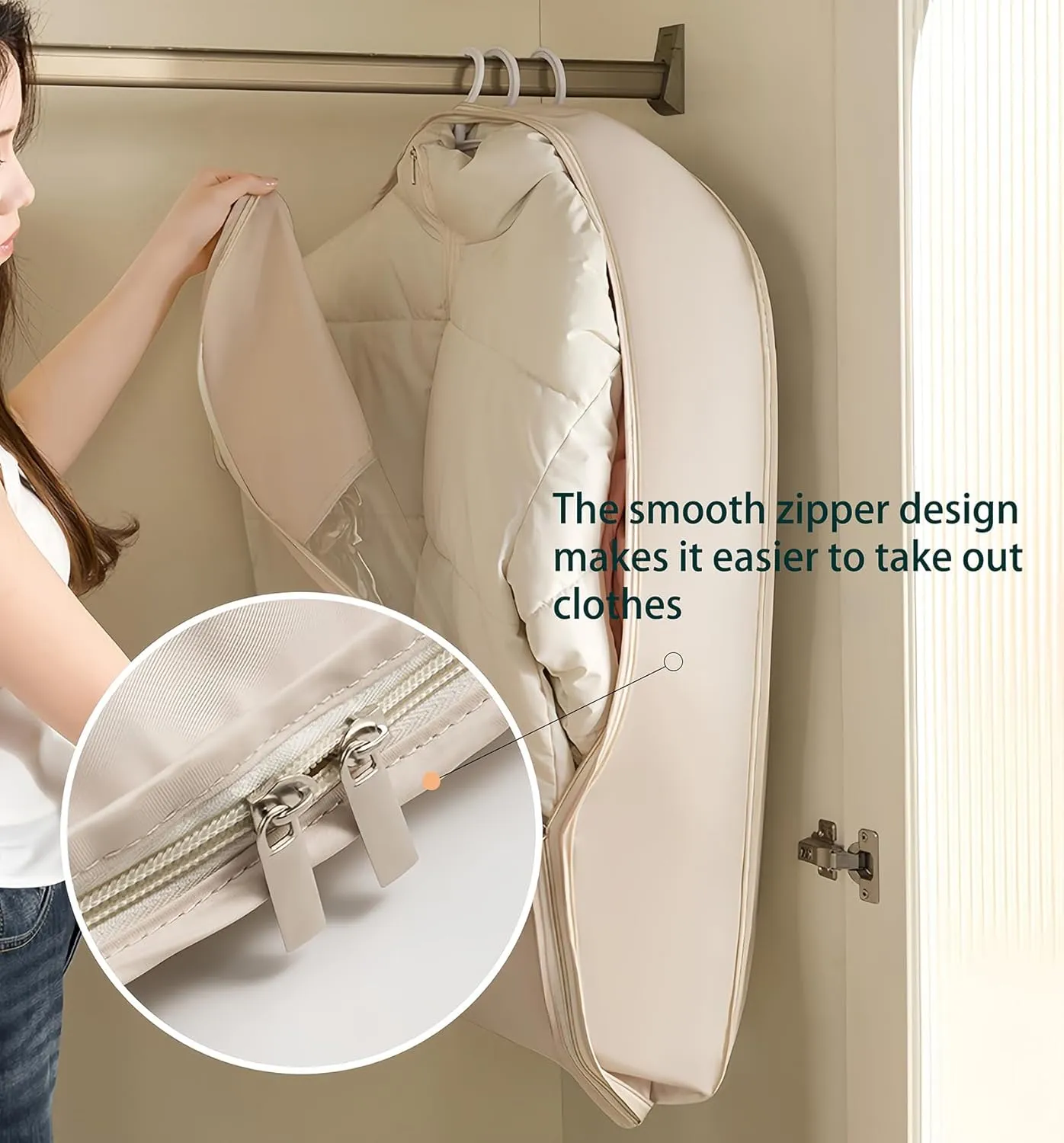 Space-Saving Hanging Compression Garment Bag with Metal Storage Chain for Closet Organization  Transparent Window & Side Access, Fits 35 Down Jackets (Beige,Small)