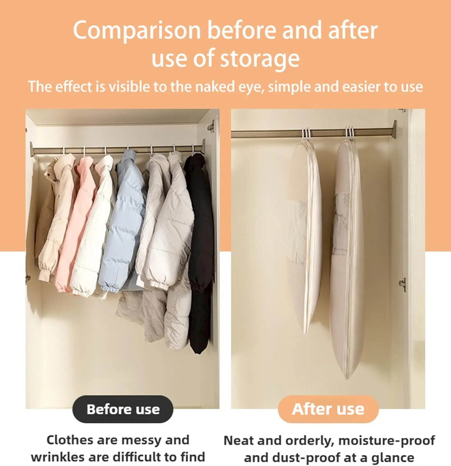Space-Saving Hanging Compression Garment Bag with Metal Storage Chain for Closet Organization  Transparent Window & Side Access, Fits 35 Down Jackets (Beige,Small)