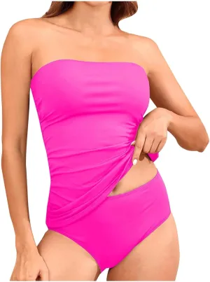 Strapless Tankini Sest for Women Bandeau Bathing Suits Ruched Tummy Control Swimwear Sexy Tube Tops with Bottoms 2025