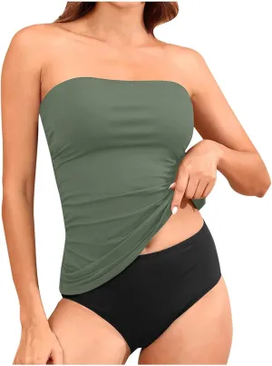Strapless Tankini Sest for Women Bandeau Bathing Suits Ruched Tummy Control Swimwear Sexy Tube Tops with Bottoms 2025