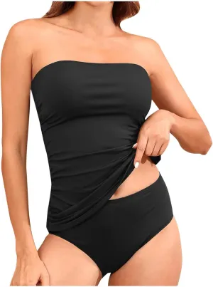 Strapless Tankini Sest for Women Bandeau Bathing Suits Ruched Tummy Control Swimwear Sexy Tube Tops with Bottoms 2025