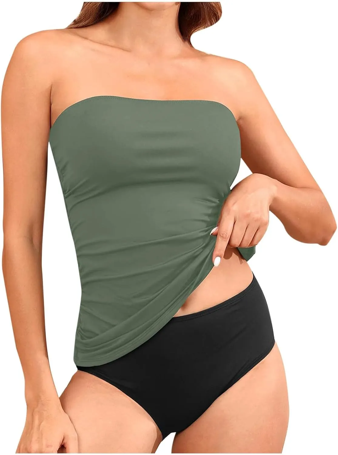Strapless Tankini Sest for Women Bandeau Bathing Suits Ruched Tummy Control Swimwear Sexy Tube Tops with Bottoms 2025