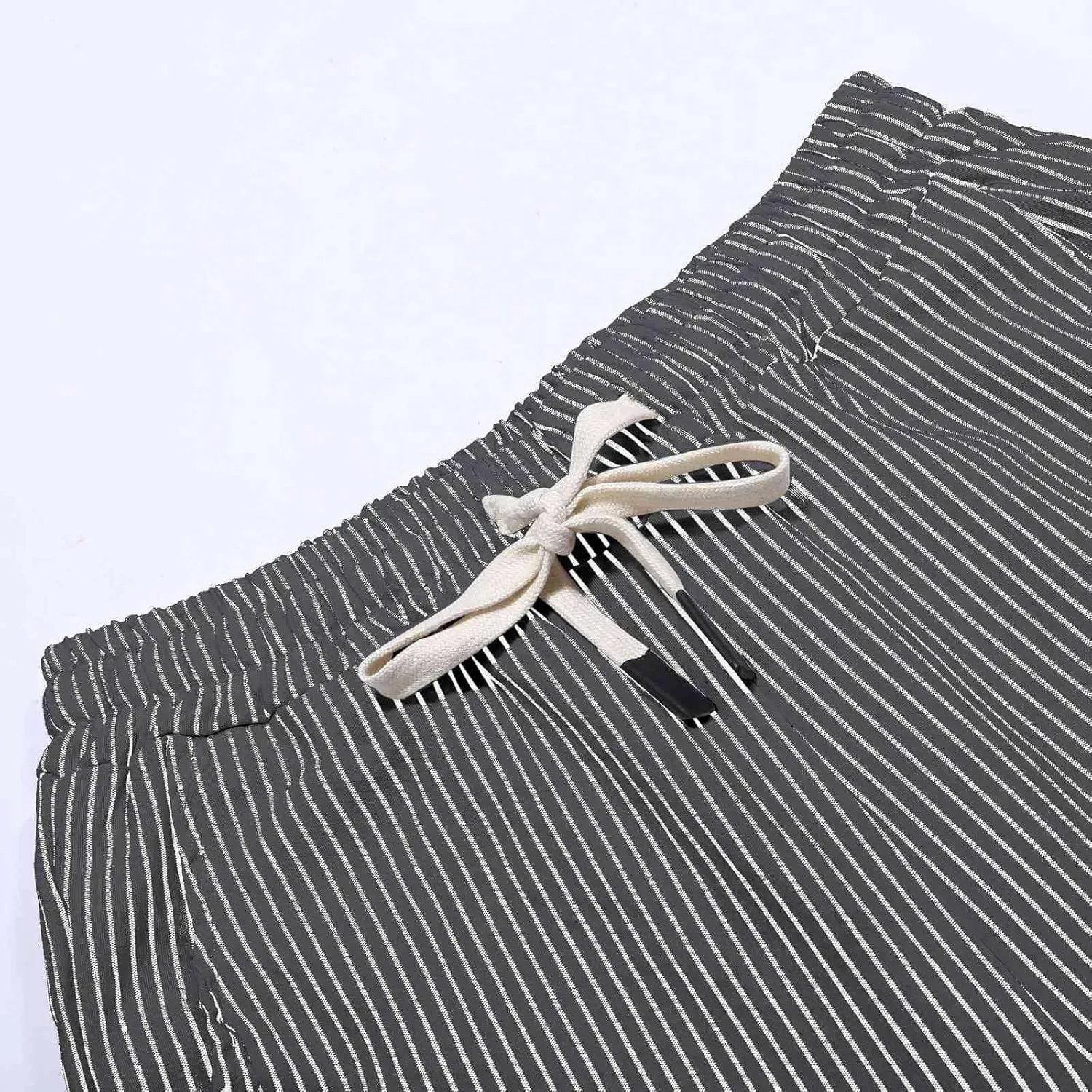 Striped Linen Pants Women Casual Capri Pants Loose Spring Summer Lightweight Drawstring Side Button Pants with Pockets