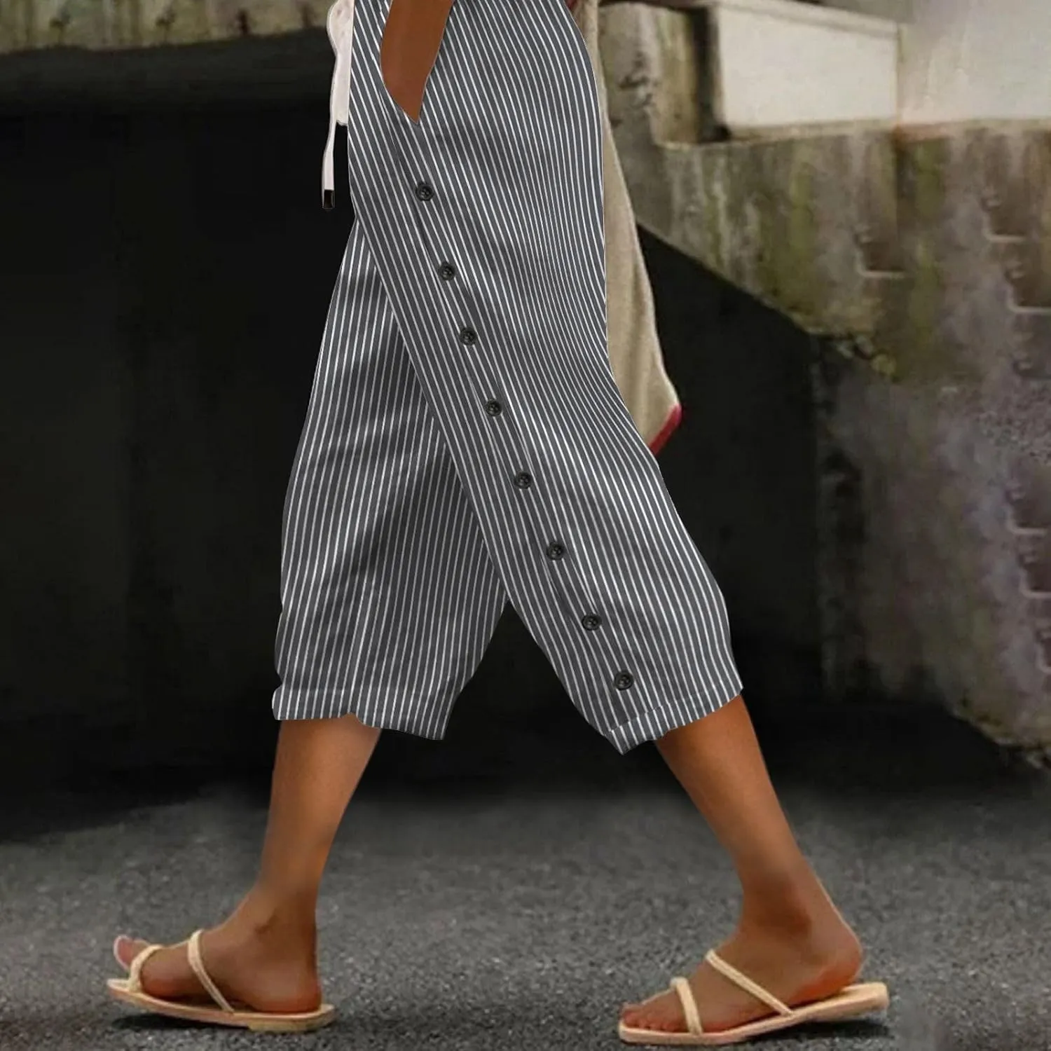 Striped Linen Pants Women Casual Capri Pants Loose Spring Summer Lightweight Drawstring Side Button Pants with Pockets